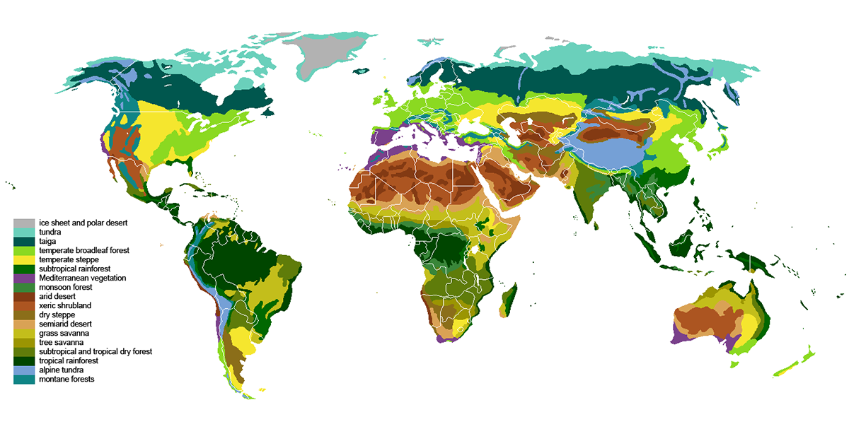 Walter Biome System map showing global biomes used by the Wilderness Guides Association